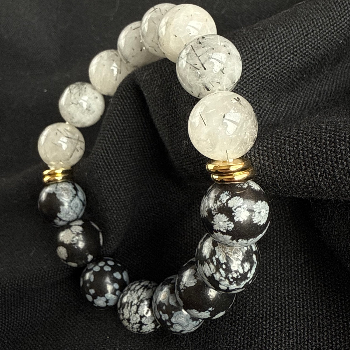 Snowflake Obsidian & Rutilated Quartz Bracelet | 18K Gold Accents