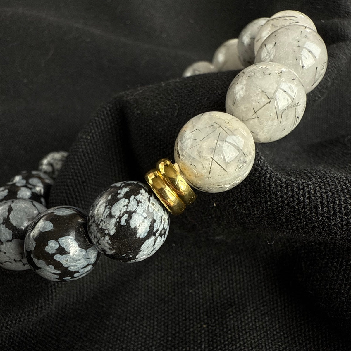Snowflake Obsidian & Rutilated Quartz Bracelet | 18K Gold Accents