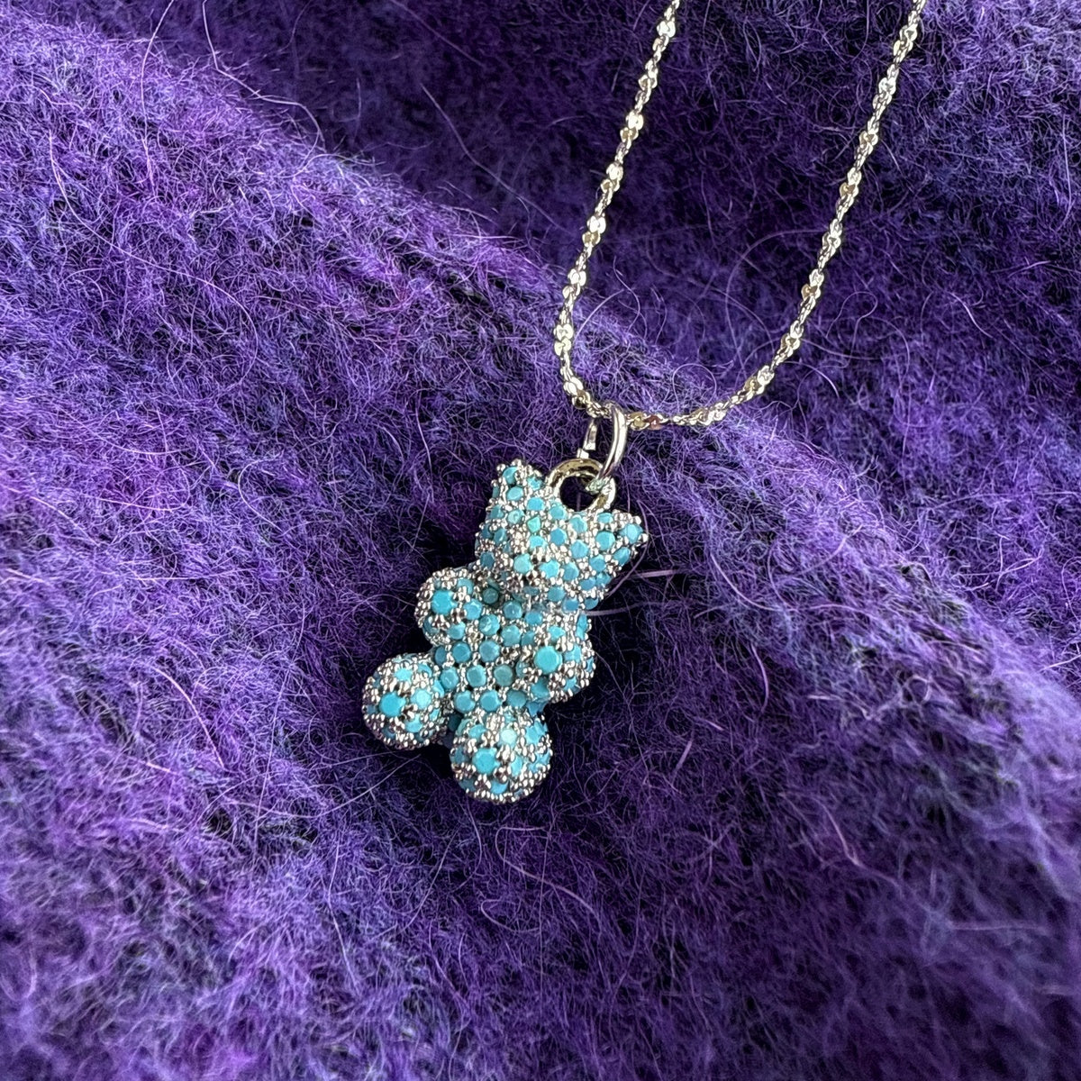 Premium Blue Teddy Bear Necklace | Austrian Cubic Zirconia & Sterling Silver