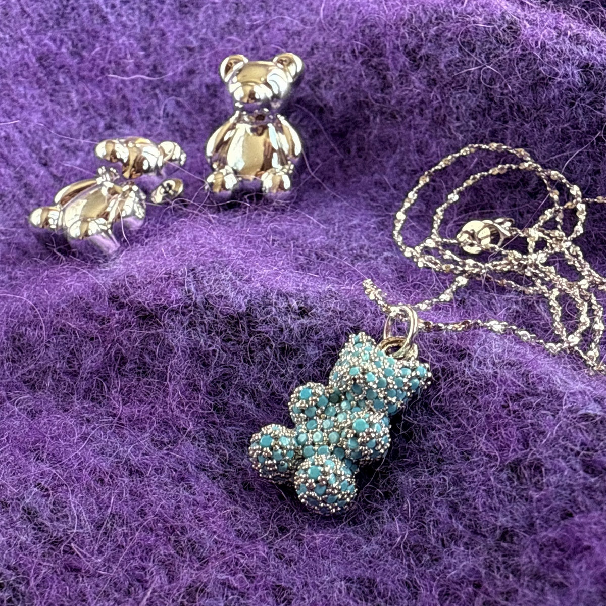 Premium Blue Teddy Bear Necklace | Austrian Cubic Zirconia & Sterling Silver