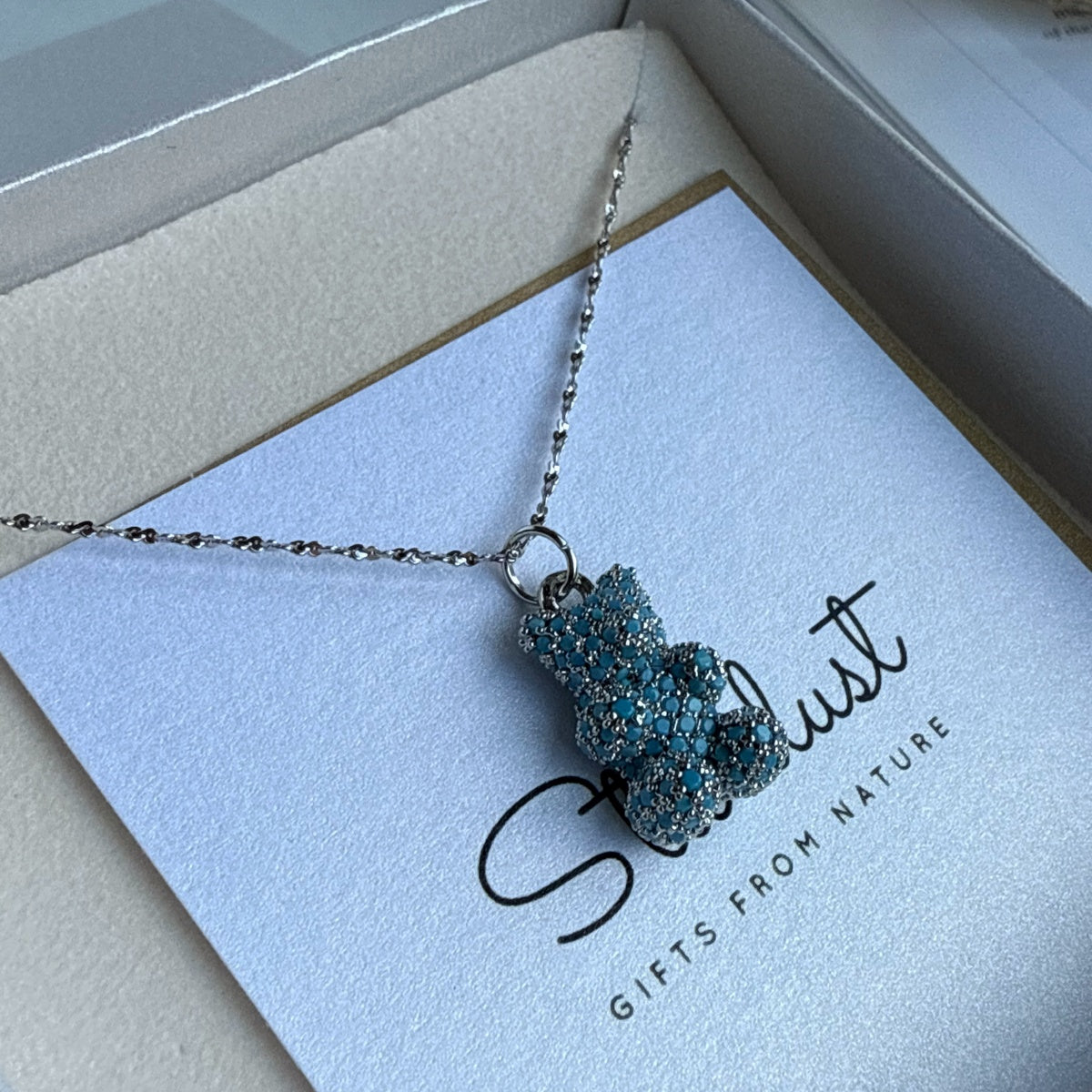 Premium Blue Teddy Bear Necklace | Austrian Cubic Zirconia & Sterling Silver