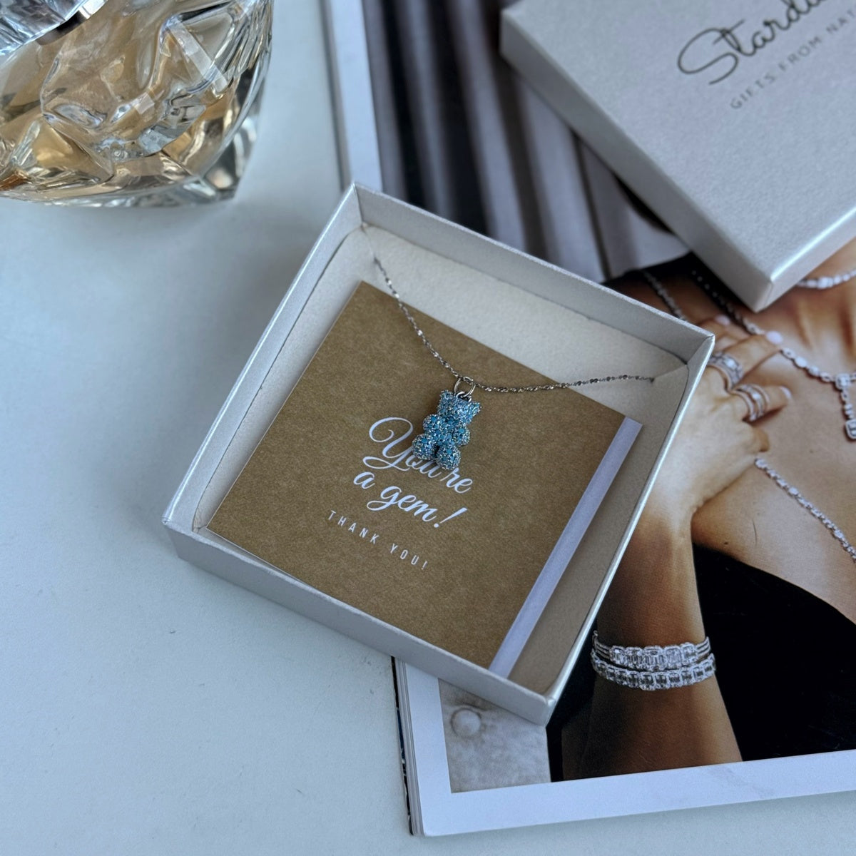 Premium Blue Teddy Bear Necklace | Austrian Cubic Zirconia & Sterling Silver