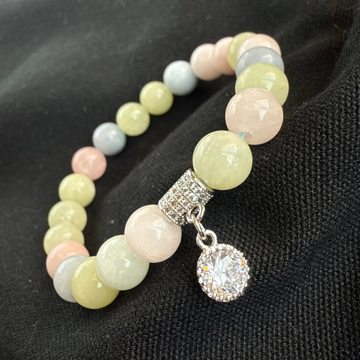Tender Grace | Natural Morganite Beaded Bracelet with Sparkling Zircon Charm