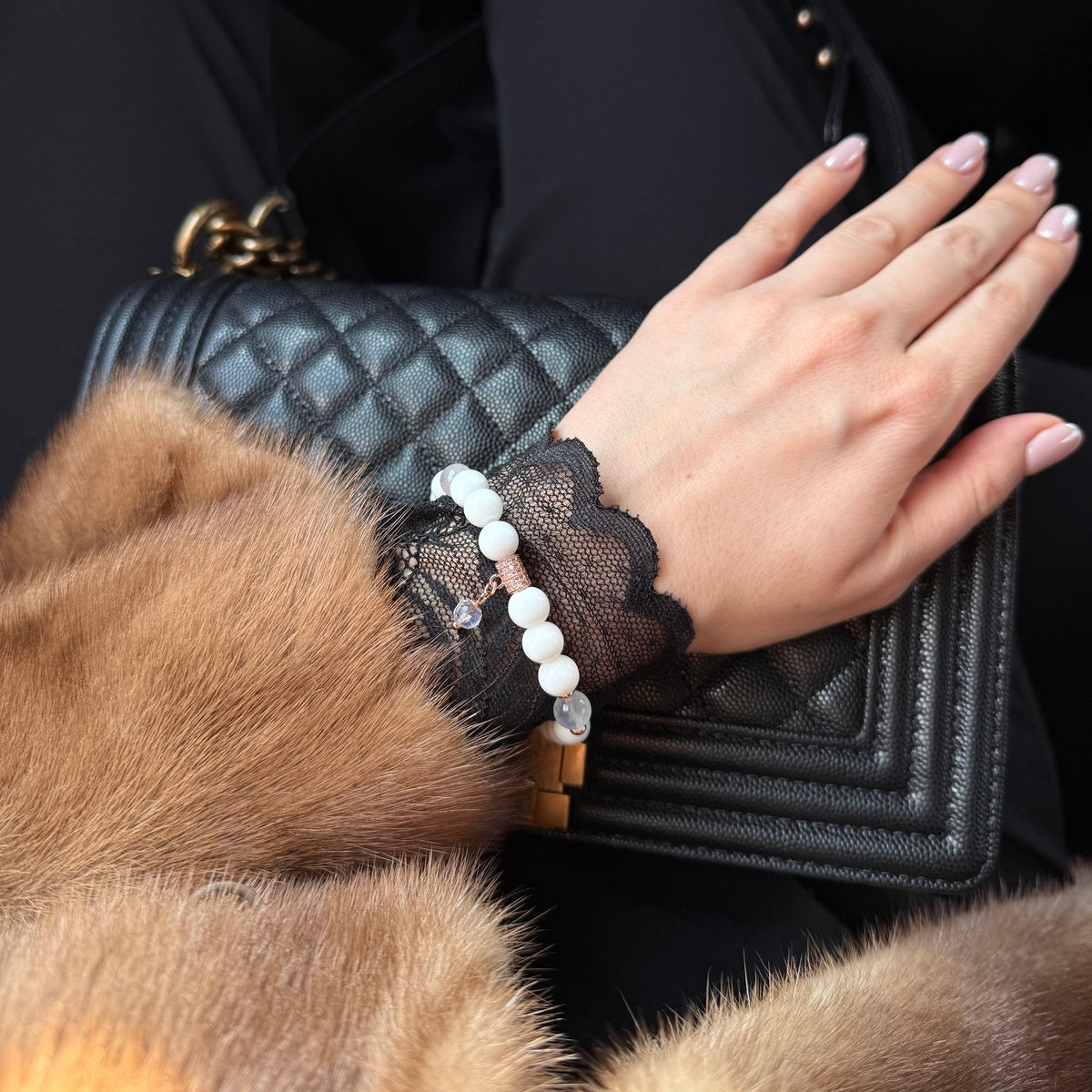 "Touch of luxury" White Agate bracelet with Aqua Aura Quartz