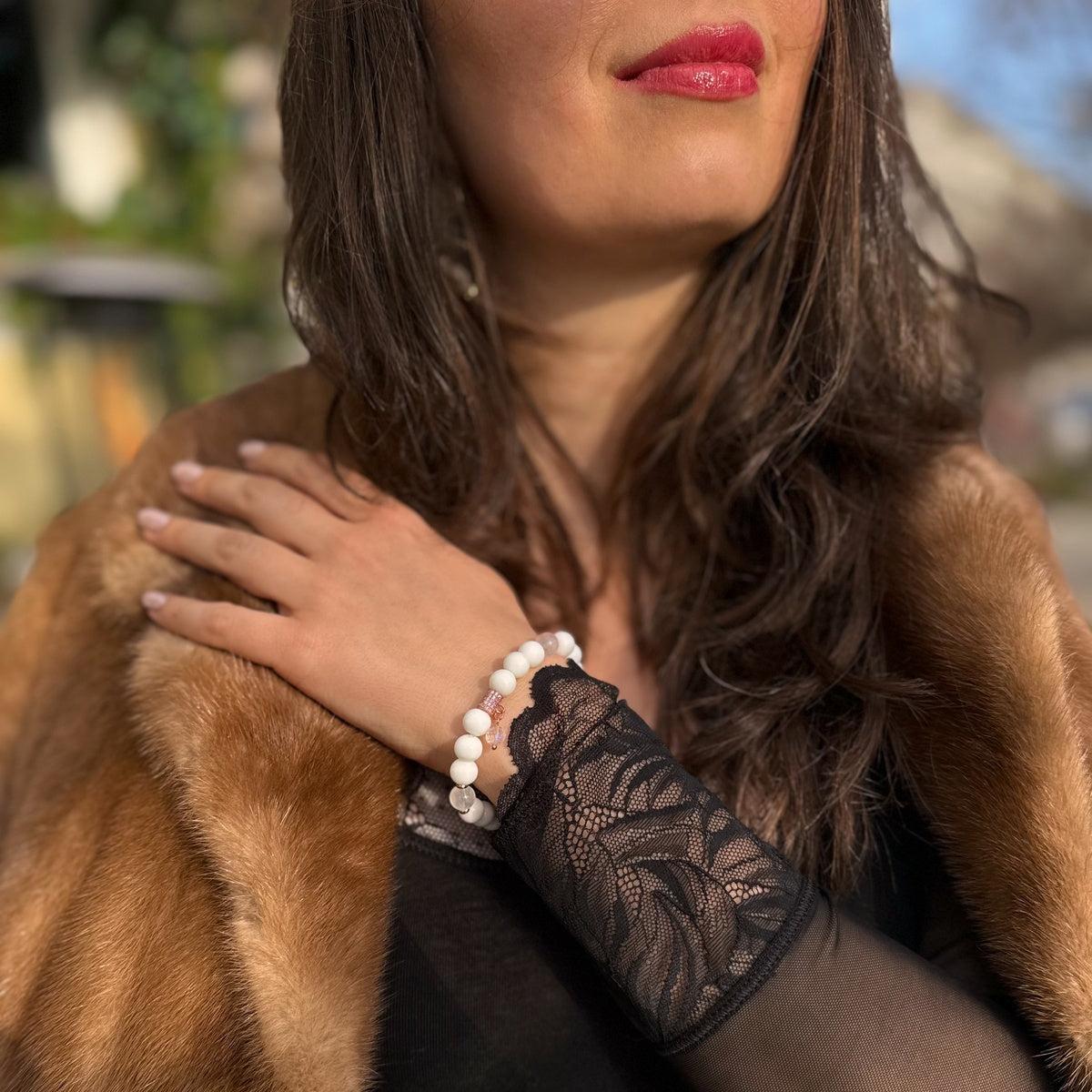 "Touch of luxury" White Agate bracelet with Aqua Aura Quartz