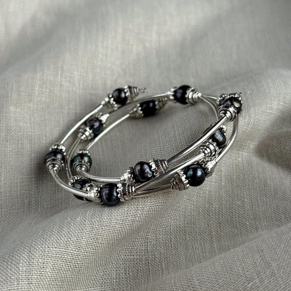 Genuine Black Pearl Triple Wrap Bracelet | Silver-Plated Bangle