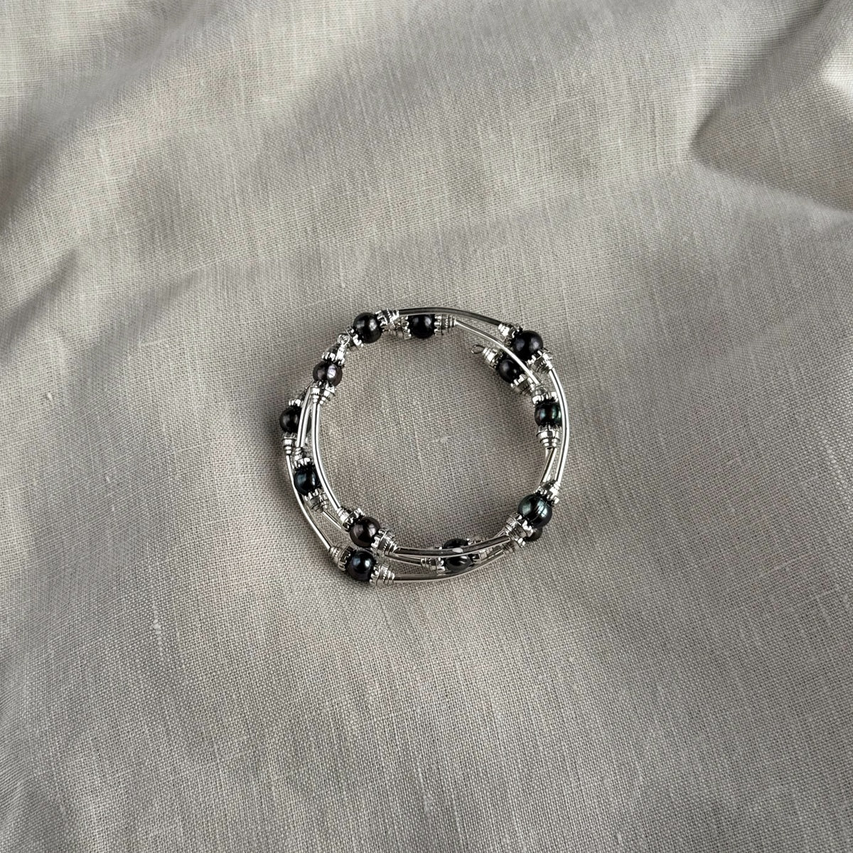Genuine Black Pearl Triple Wrap Bracelet | Silver-Plated Bangle