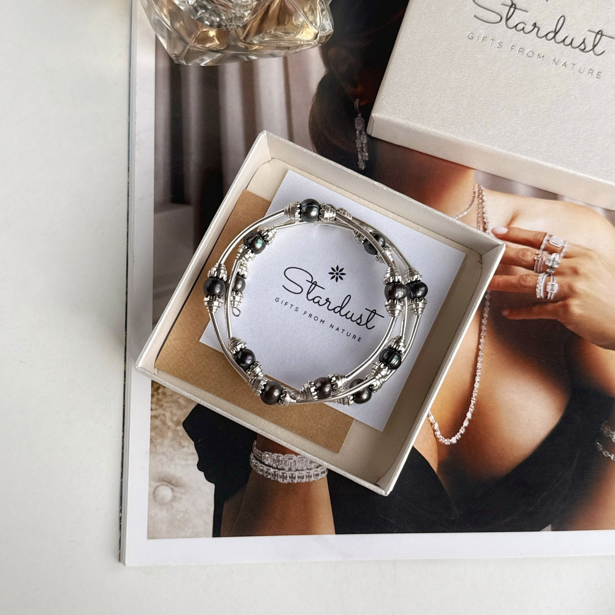 Genuine Black Pearl Triple Wrap Bracelet | Silver-Plated Bangle