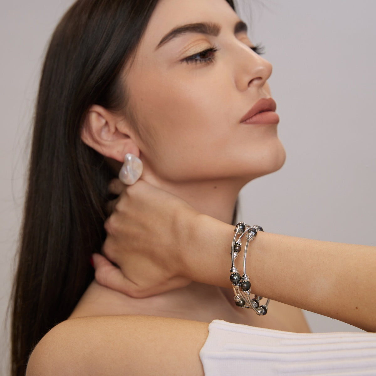 Genuine Black Pearl Triple Wrap Bracelet | Silver-Plated Bangle
