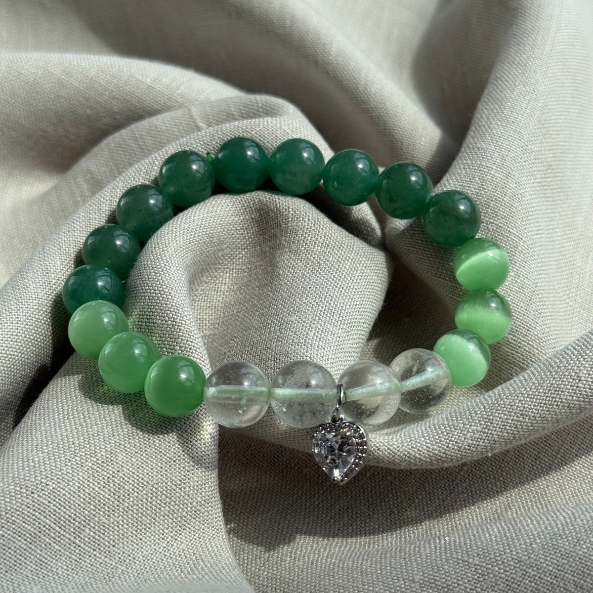 GREEN HARMONY | Aventurine & Clear Quartz Bracelet with Heart Charm