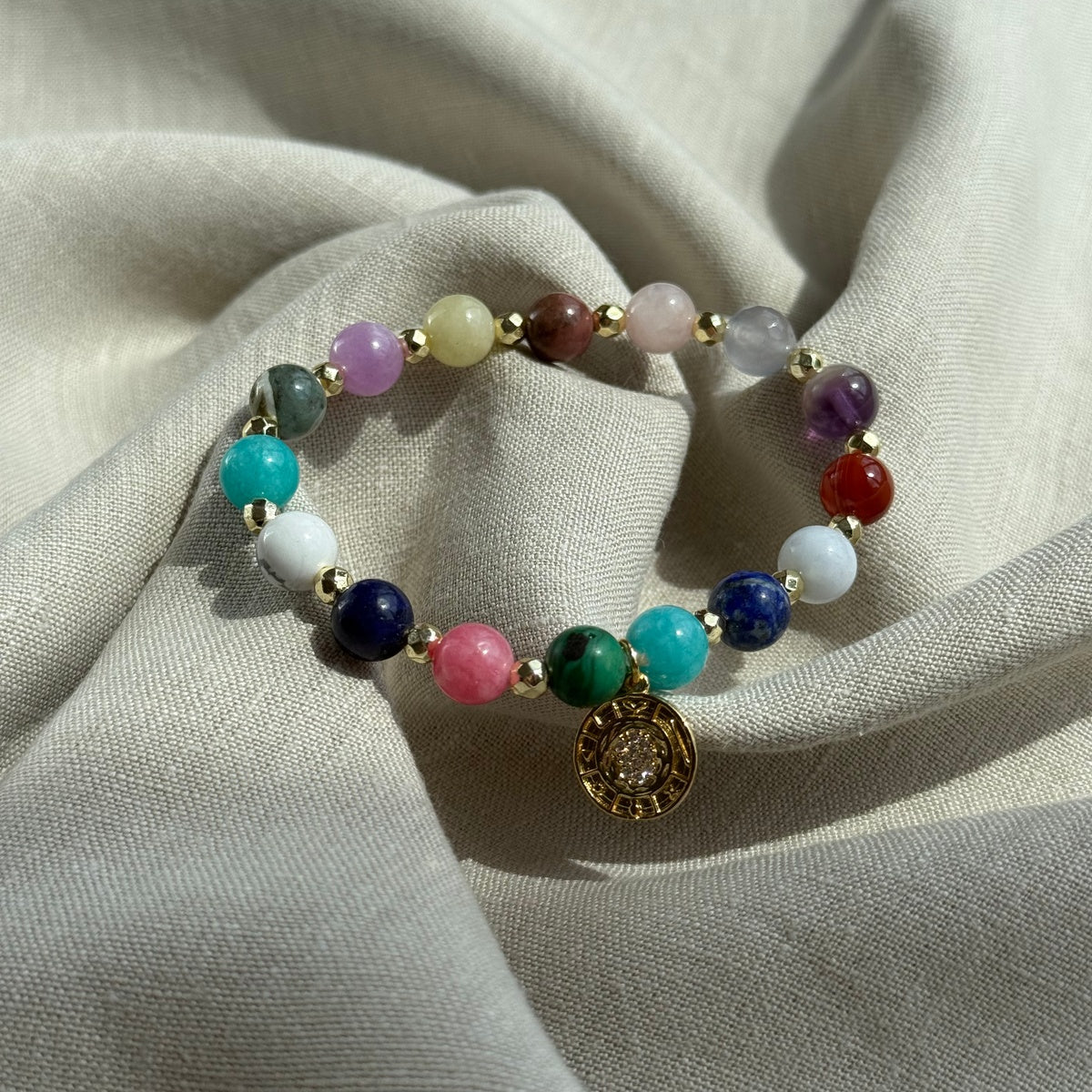 HARMONY | Colorful Gemstone Bracelet with Gold Coin Charm