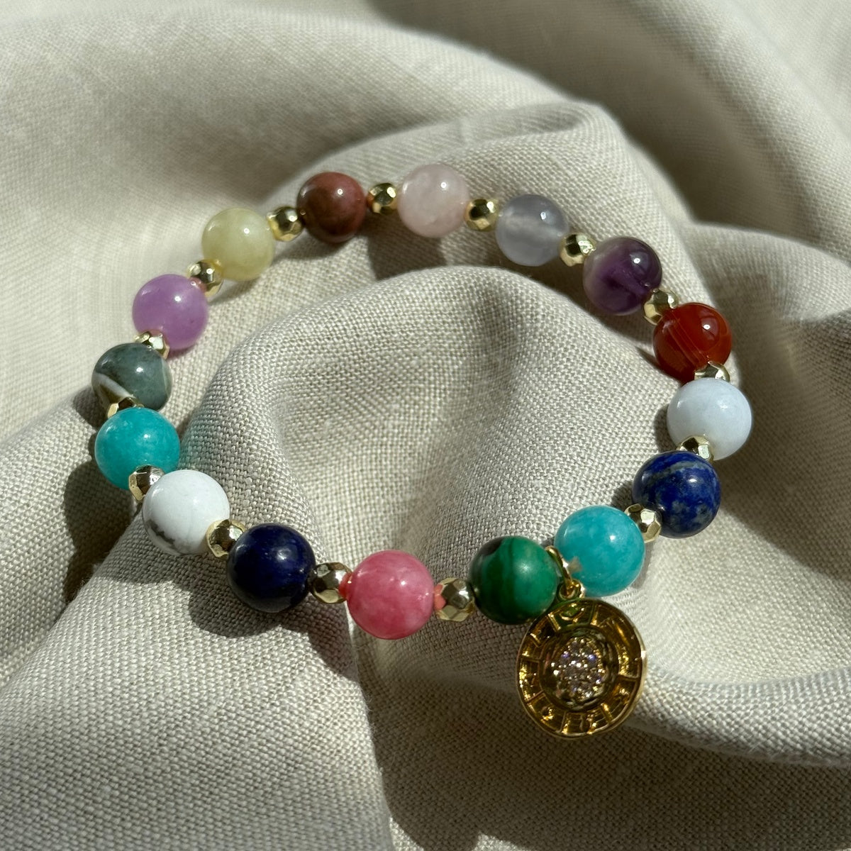 HARMONY | Colorful Gemstone Bracelet with Gold Coin Charm