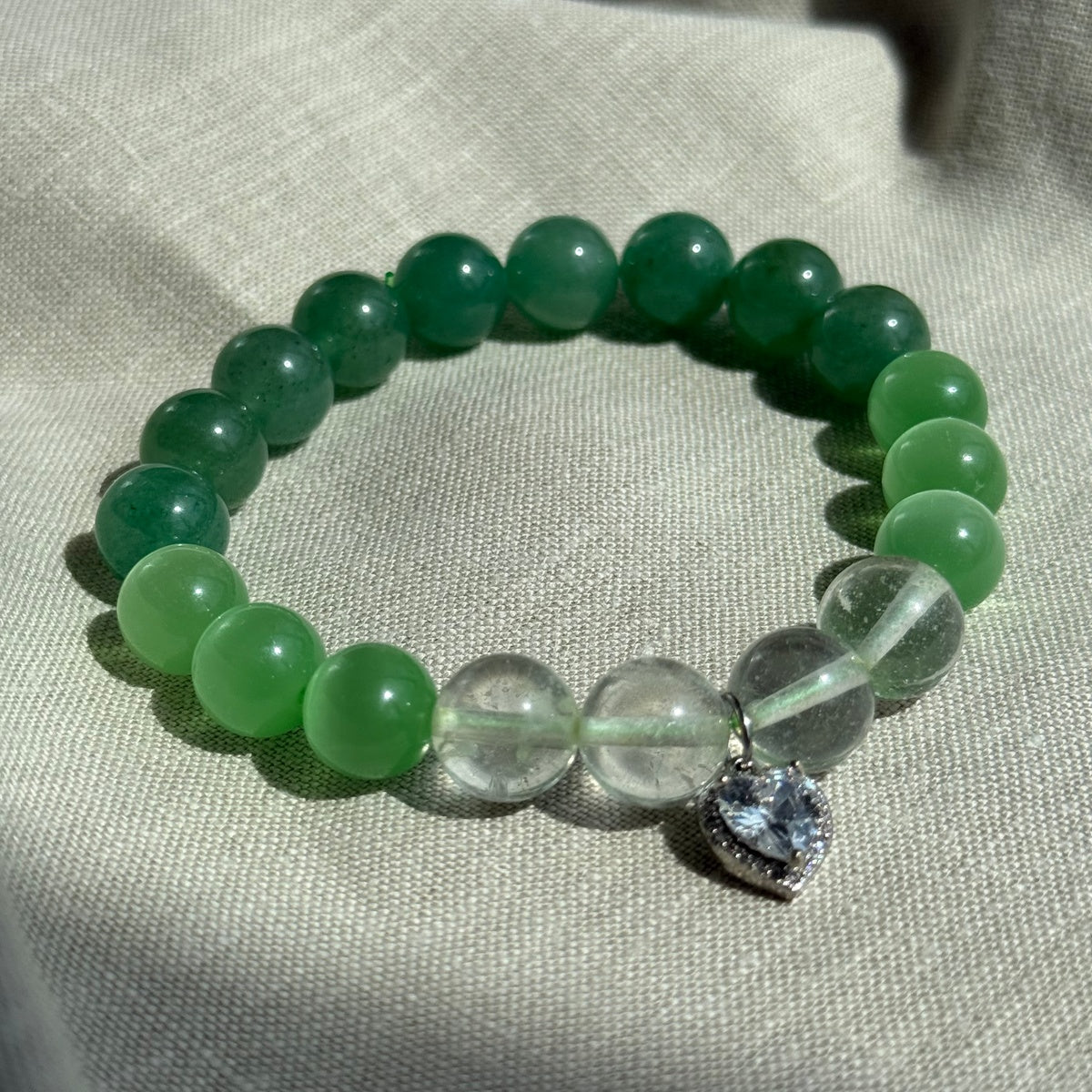 GREEN HARMONY | Aventurine & Clear Quartz Bracelet with Heart Charm
