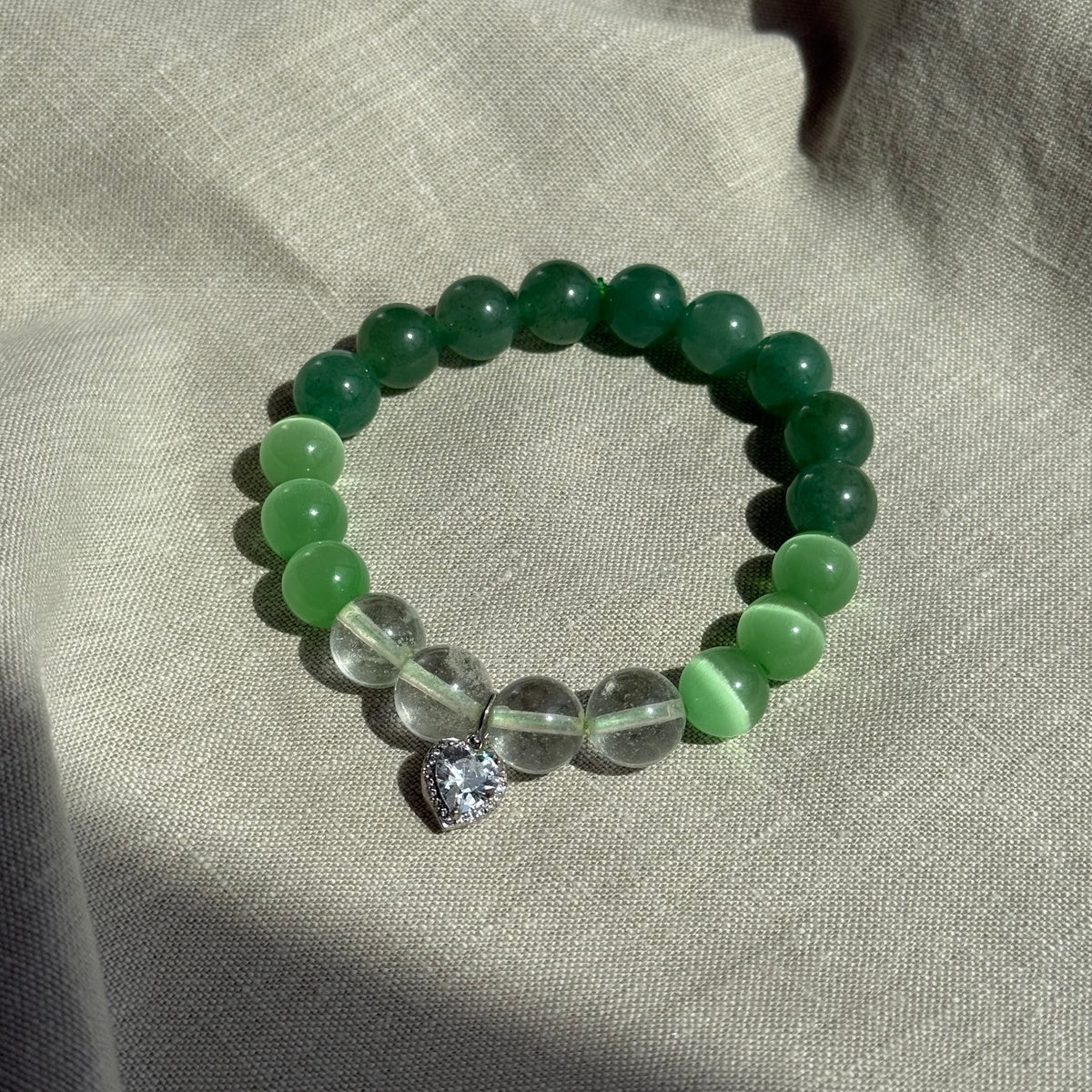 GREEN HARMONY | Aventurine & Clear Quartz Bracelet with Heart Charm