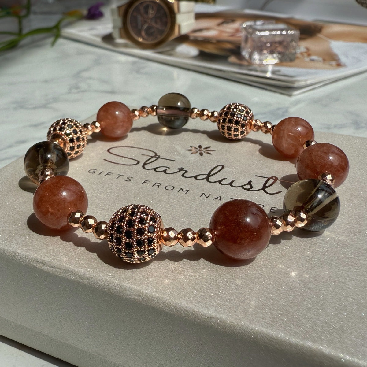 Strawberry Quartz & Smoky Quartz Bracelet | Rose Gold