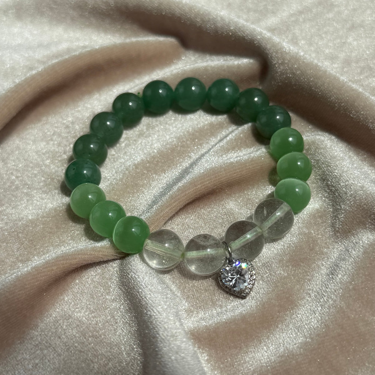 GREEN HARMONY | Aventurine & Clear Quartz Bracelet with Heart Charm
