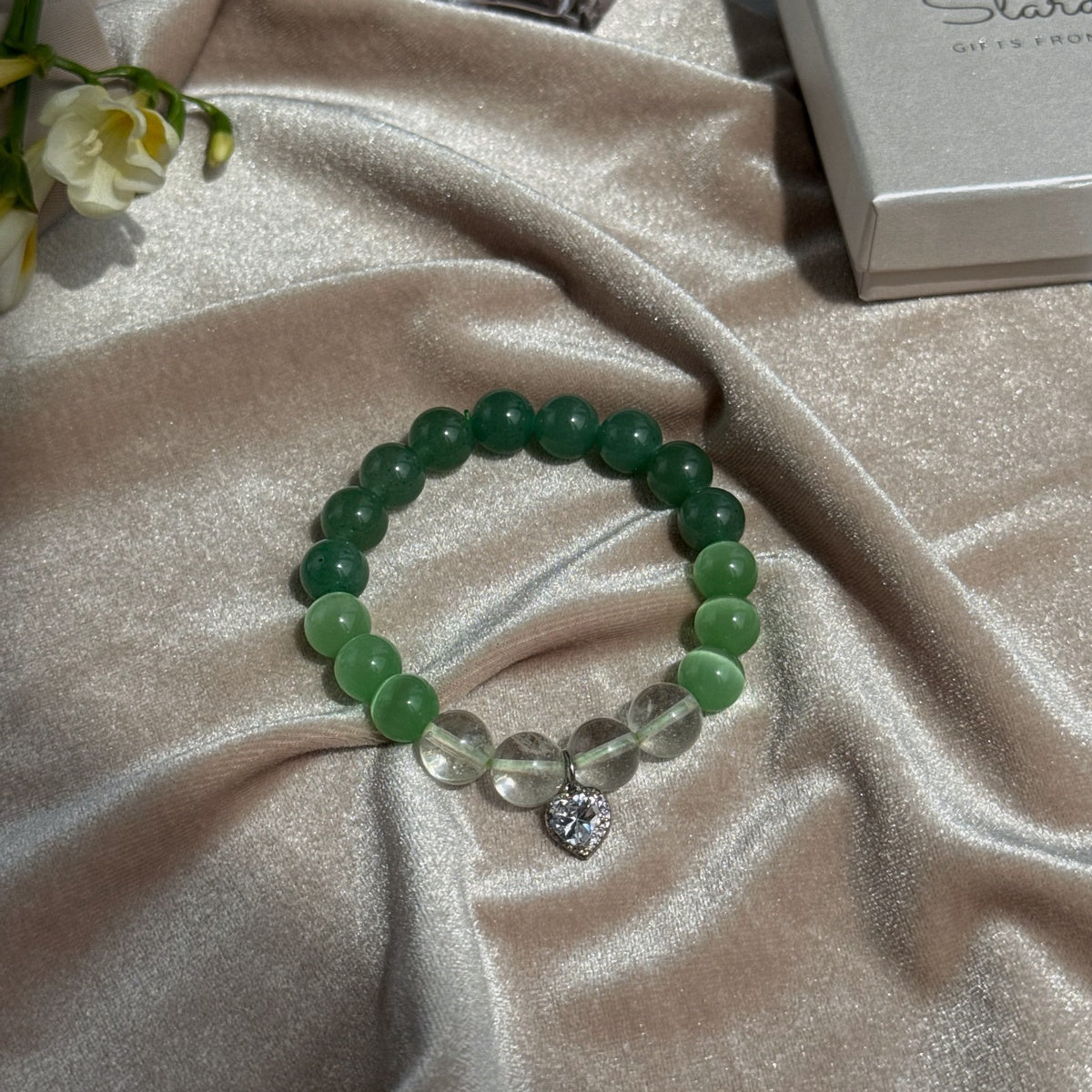 GREEN HARMONY | Aventurine & Clear Quartz Bracelet with Heart Charm