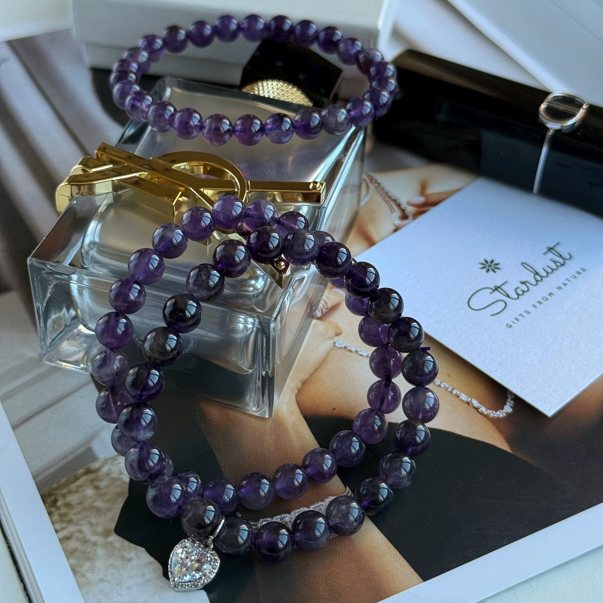 Luxury Amethyst Bracelet Set for Women, Natural Amethyst Beaded Bracelet & Heart Charm