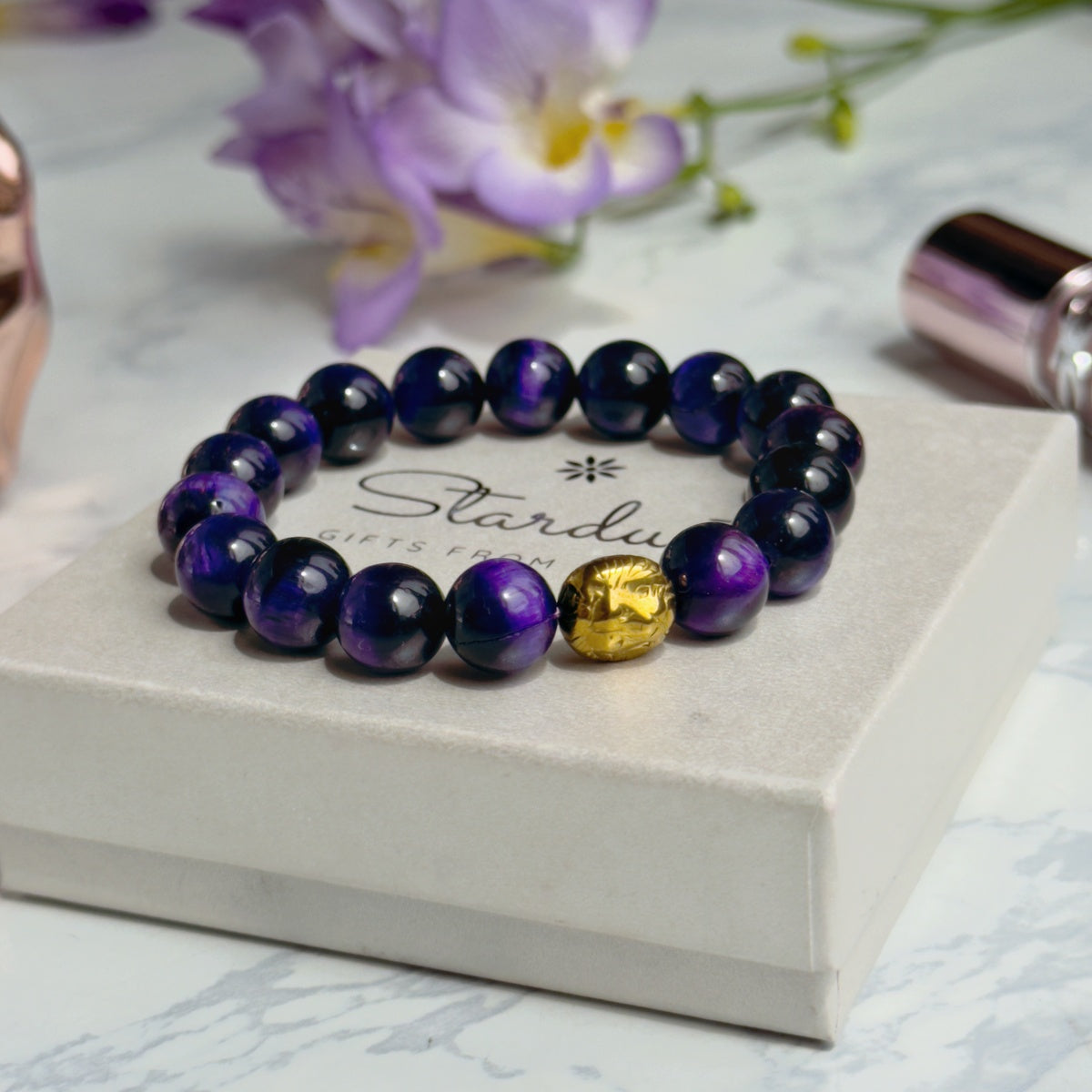 ROYALTY | Purple Tiger Eye Bracelet with Gold Lion
