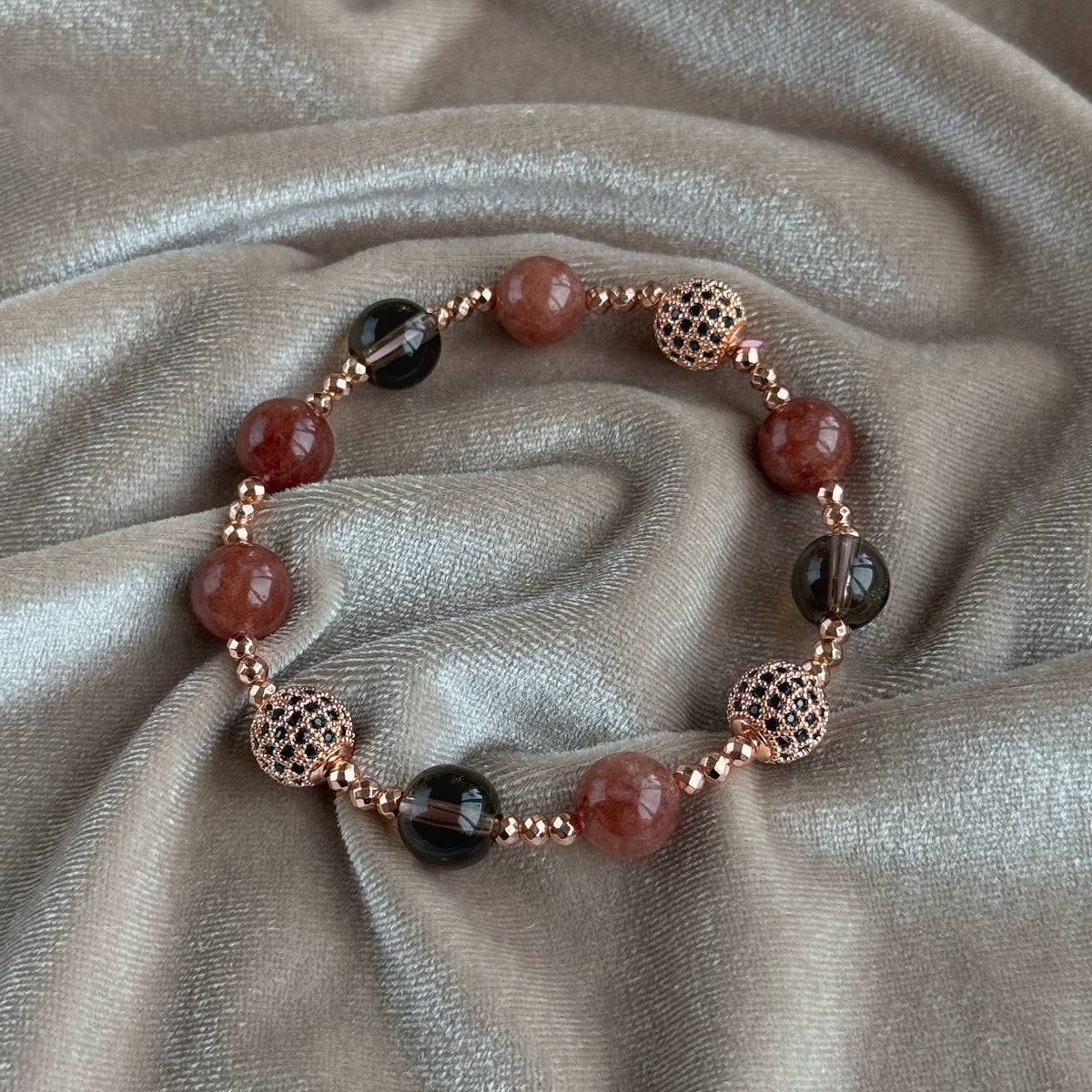 Strawberry Quartz & Smoky Quartz Bracelet | Rose Gold