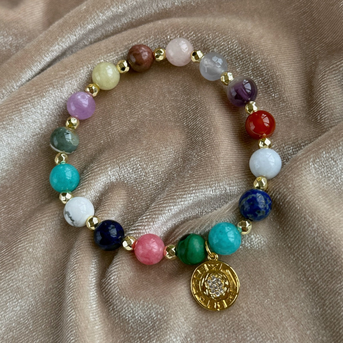 HARMONY | Colorful Gemstone Bracelet with Gold Coin Charm