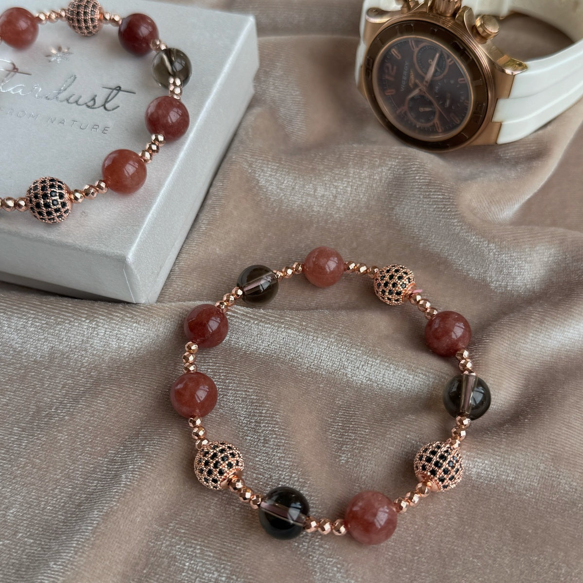 Strawberry Quartz & Smoky Quartz Bracelet | Rose Gold