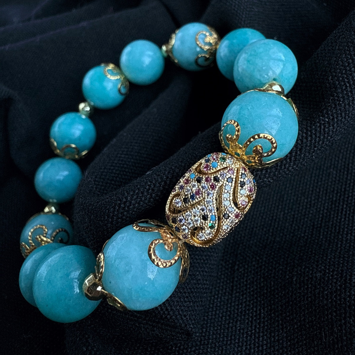 Luxury Amazonite Bracelet | Gold Filigree & Colorful Zircon Accents