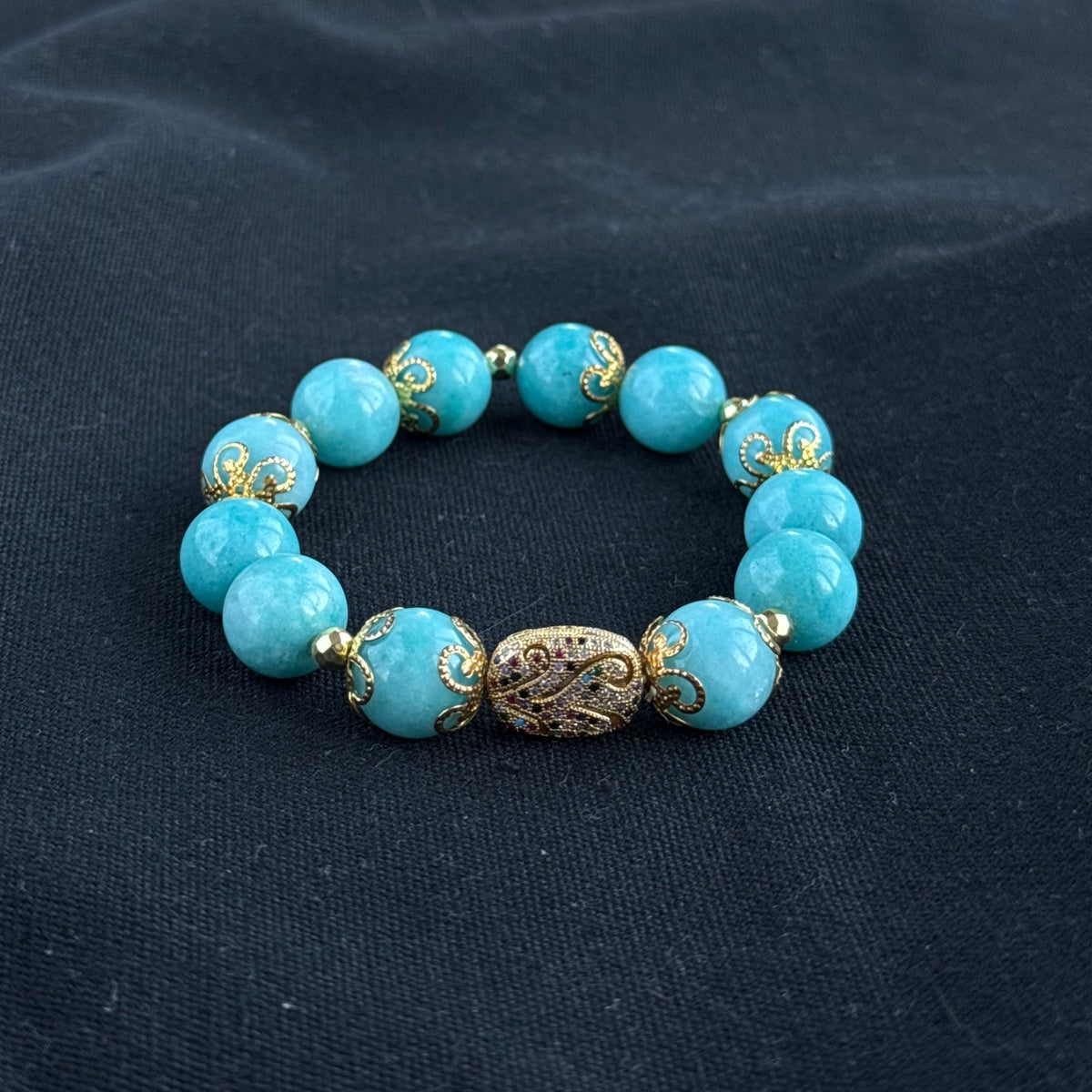 Luxury Amazonite Bracelet | Gold Filigree & Colorful Zircon Accents