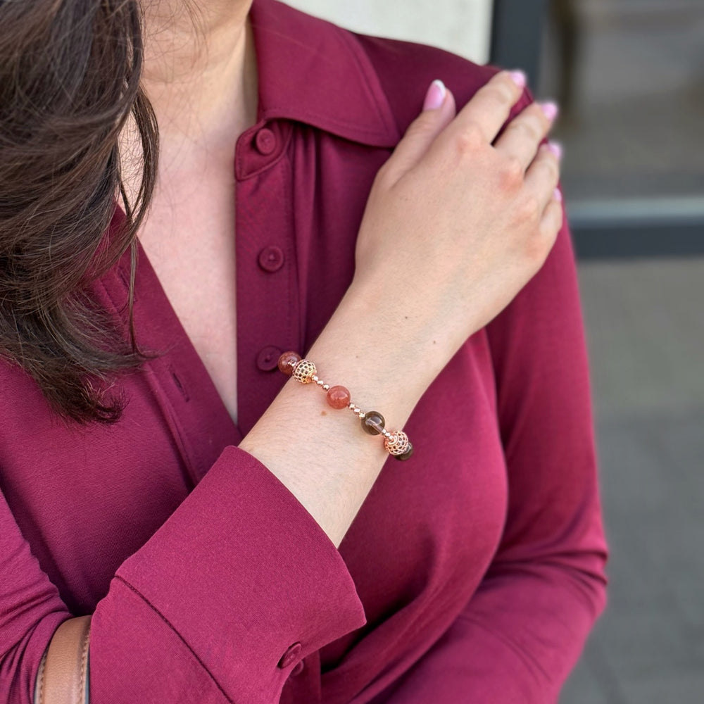 Strawberry Quartz & Smoky Quartz Bracelet | Rose Gold