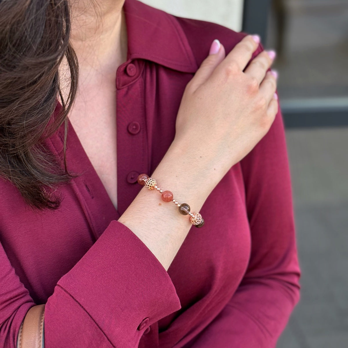 Strawberry Quartz & Smoky Quartz Bracelet | Rose Gold