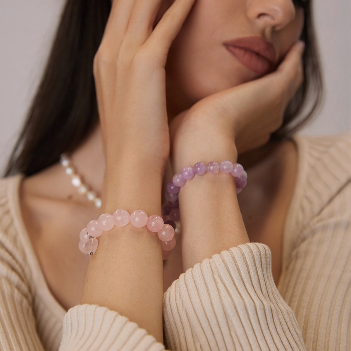 Rose Quartz beaded bracelet 10mm with heart charm