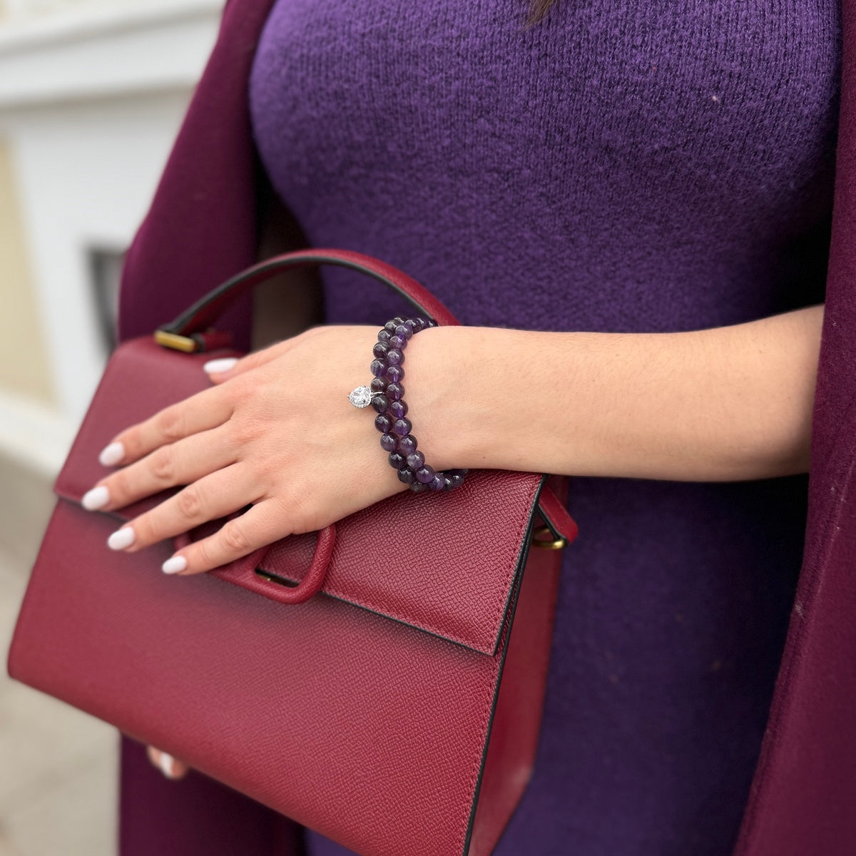 Luxury Amethyst Bracelet Set for Women, Natural Amethyst Beaded Bracelet & Heart Charm