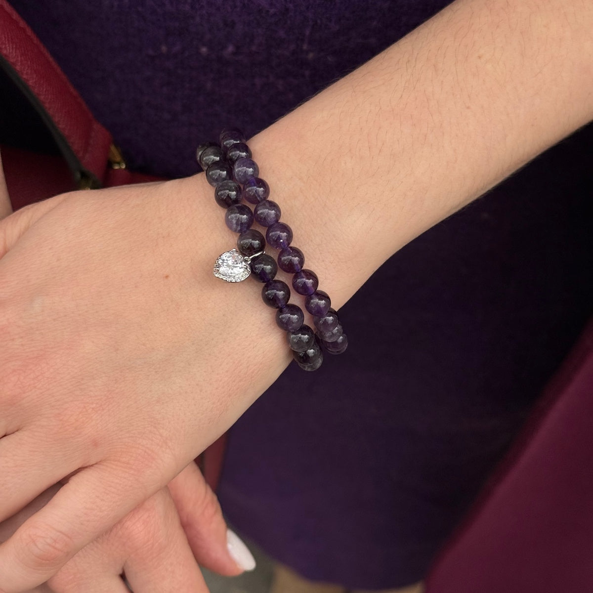 Luxury Amethyst Bracelet Set for Women, Natural Amethyst Beaded Bracelet & Heart Charm
