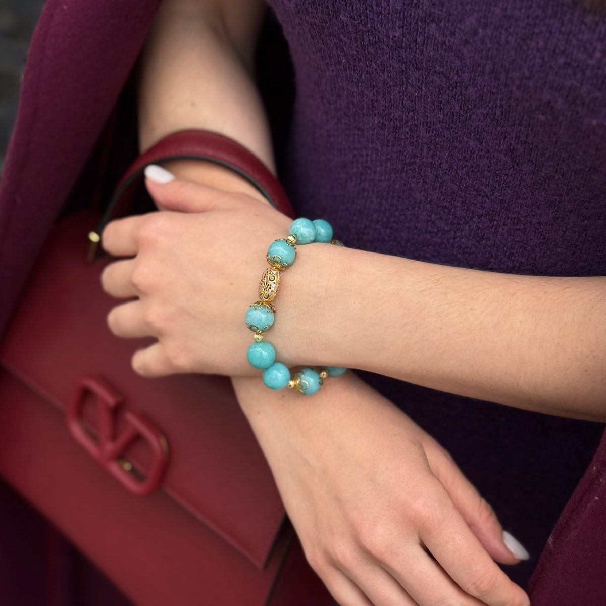 Luxury Amazonite Bracelet | Gold Filigree & Colorful Zircon Accents