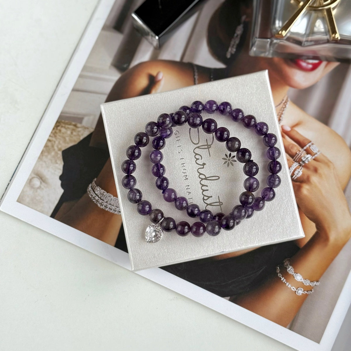 Luxury Amethyst Bracelet Set for Women, Natural Amethyst Beaded Bracelet & Heart Charm
