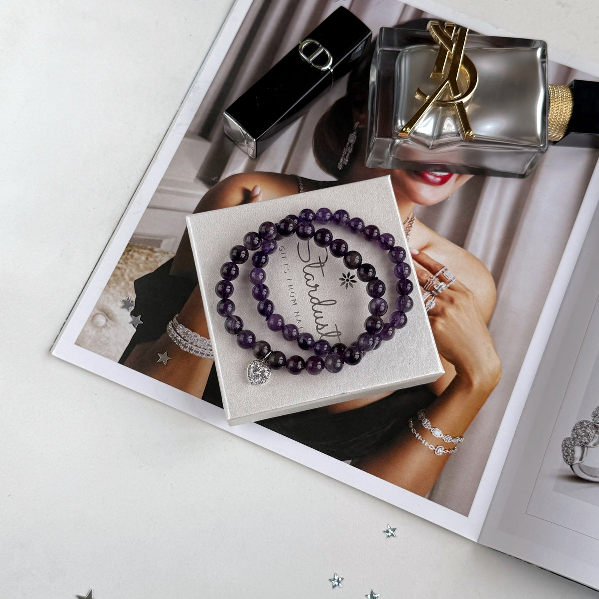 Luxury Amethyst Bracelet Set for Women, Natural Amethyst Beaded Bracelet & Heart Charm