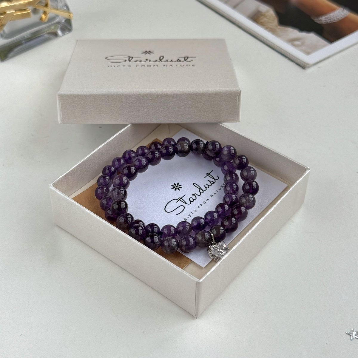 Luxury Amethyst Bracelet Set for Women, Natural Amethyst Beaded Bracelet & Heart Charm