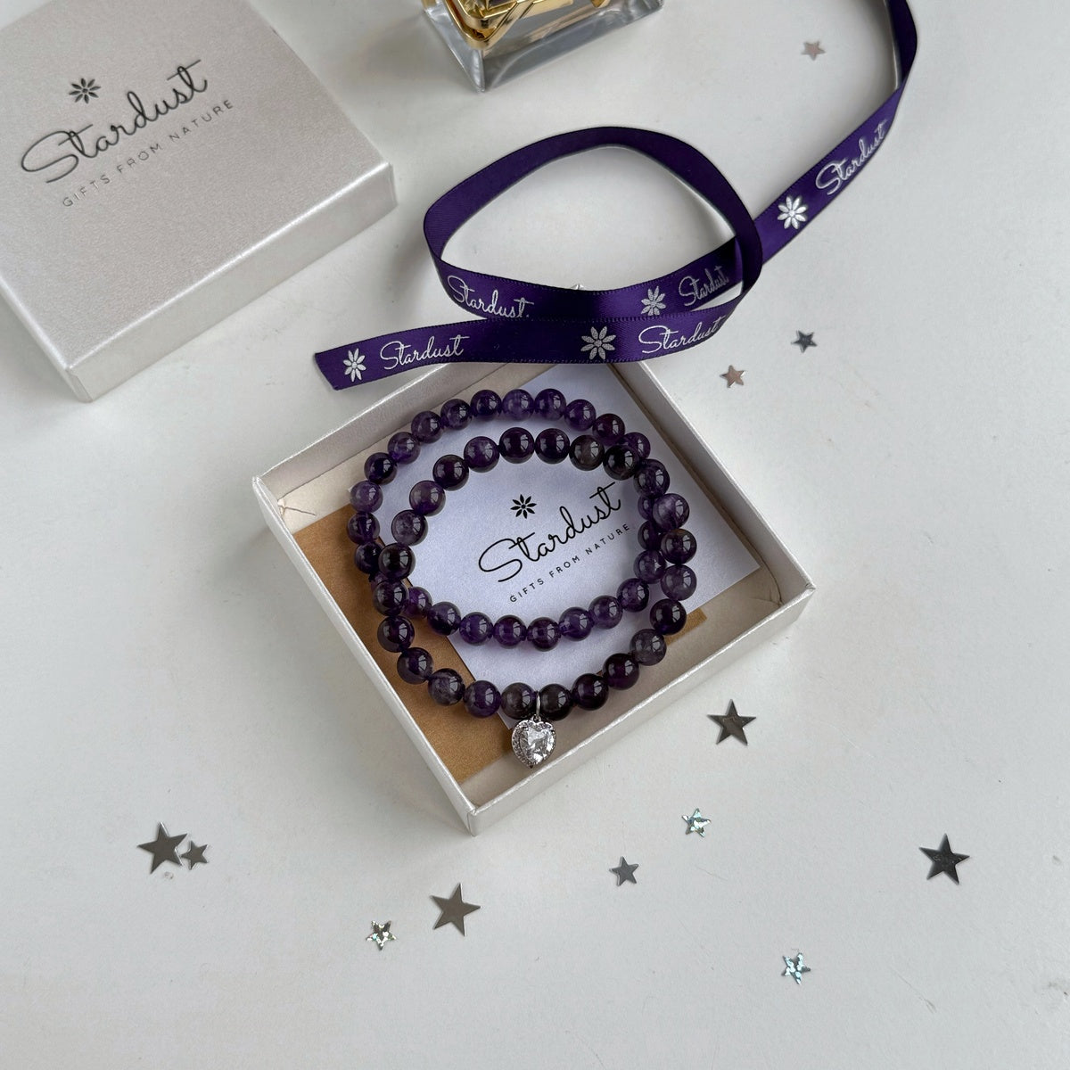 Luxury Amethyst Bracelet Set for Women, Natural Amethyst Beaded Bracelet & Heart Charm