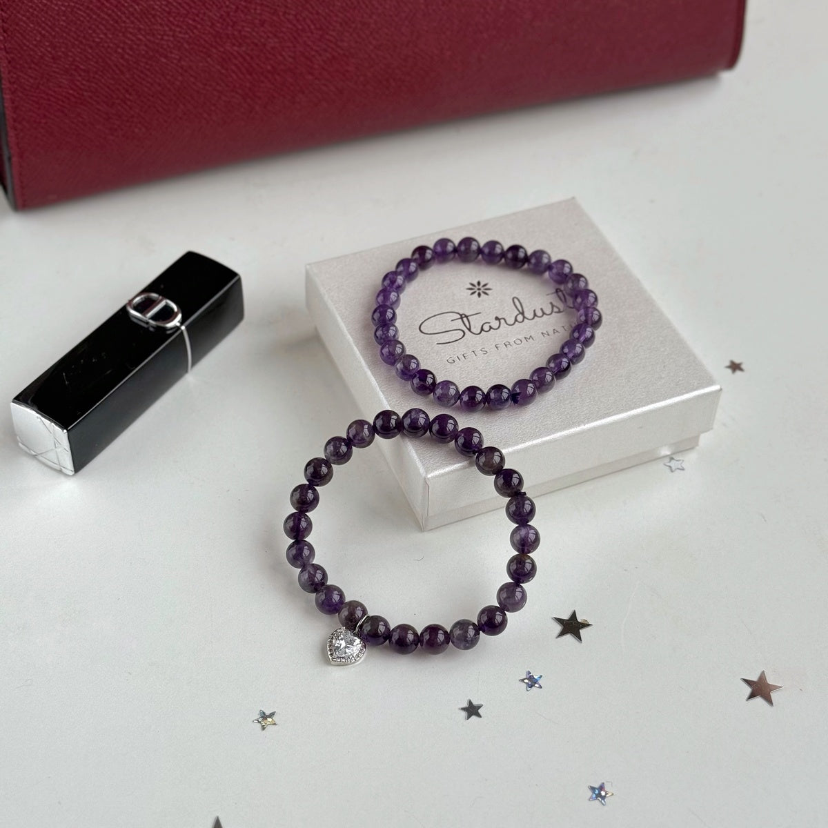 Luxury Amethyst Bracelet Set for Women, Natural Amethyst Beaded Bracelet & Heart Charm