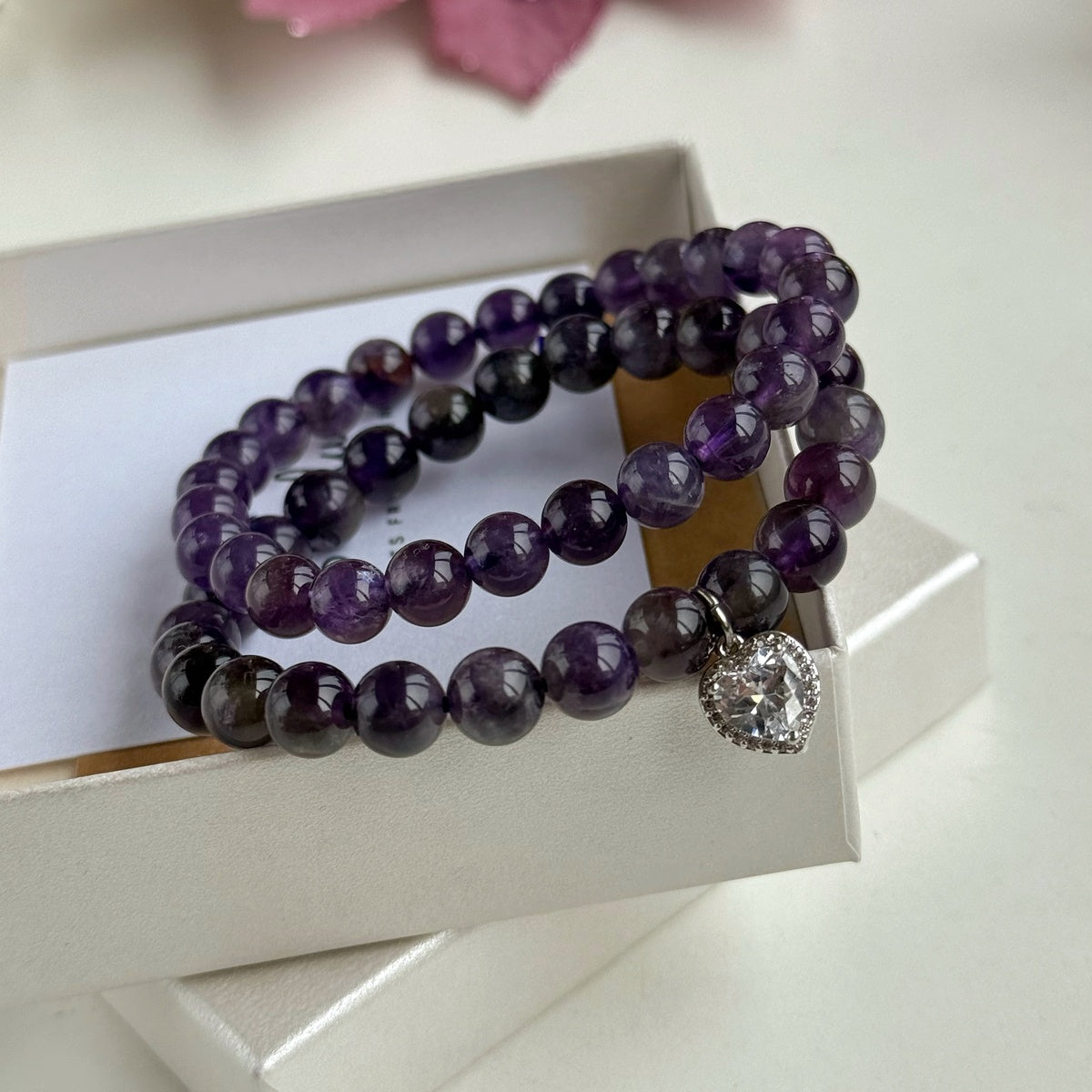 Luxury Amethyst Bracelet Set for Women, Natural Amethyst Beaded Bracelet & Heart Charm