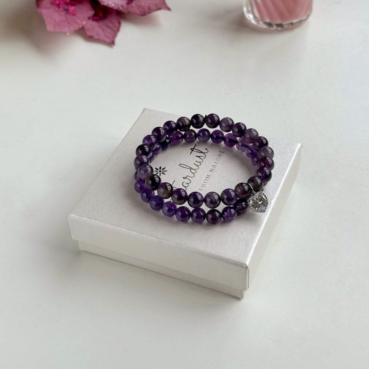 Luxury Amethyst Bracelet Set for Women, Natural Amethyst Beaded Bracelet & Heart Charm