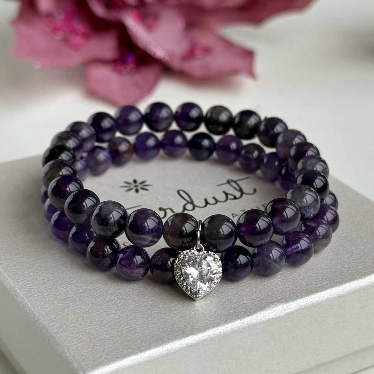 Luxury Amethyst Bracelet Set for Women, Natural Amethyst Beaded Bracelet & Heart Charm