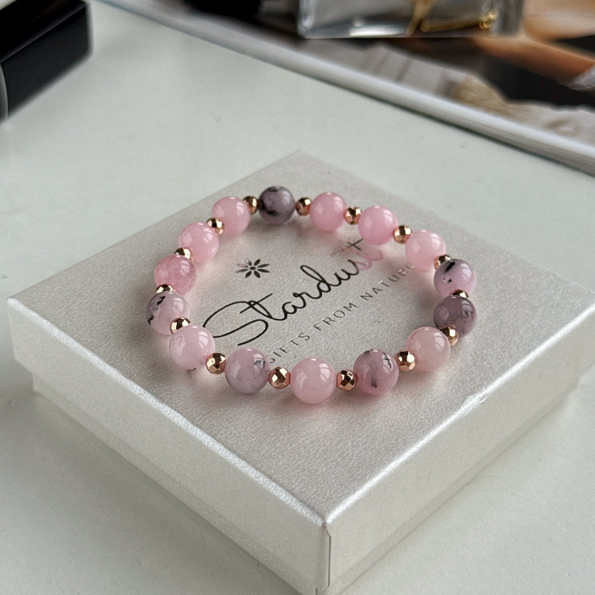 Pink Rhodonite Bracelet | Natural Gemstone & Rose Gold Hematite