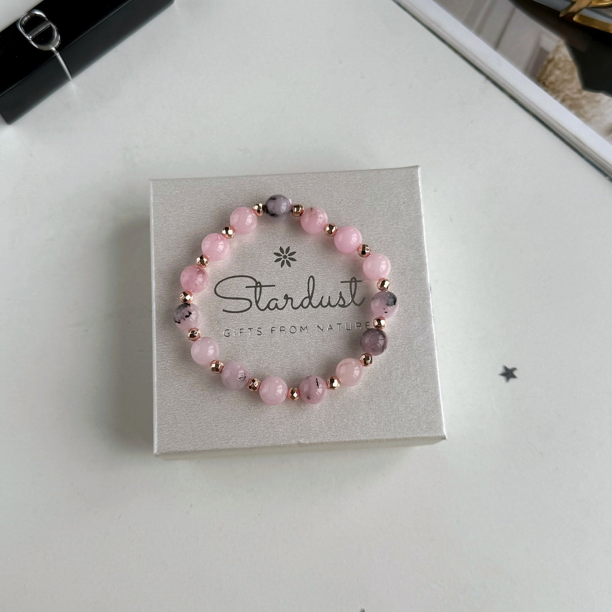 Pink Rhodonite Bracelet | Natural Gemstone & Rose Gold Hematite