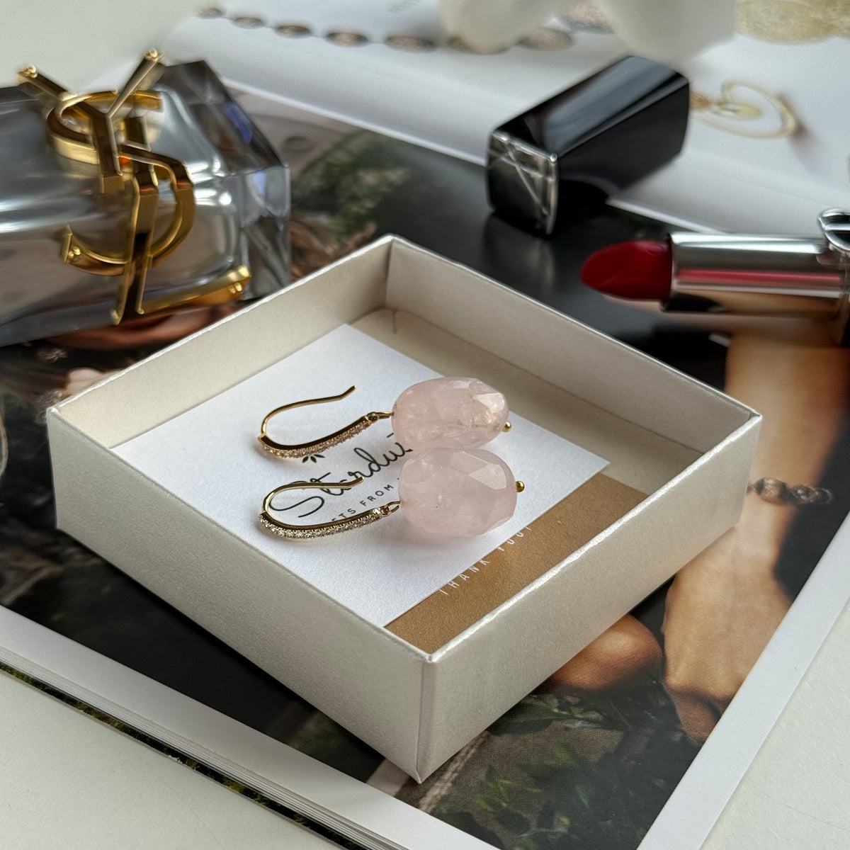 Rose Quartz Drop Earrings with Cubic Zirconia | Masterpiece