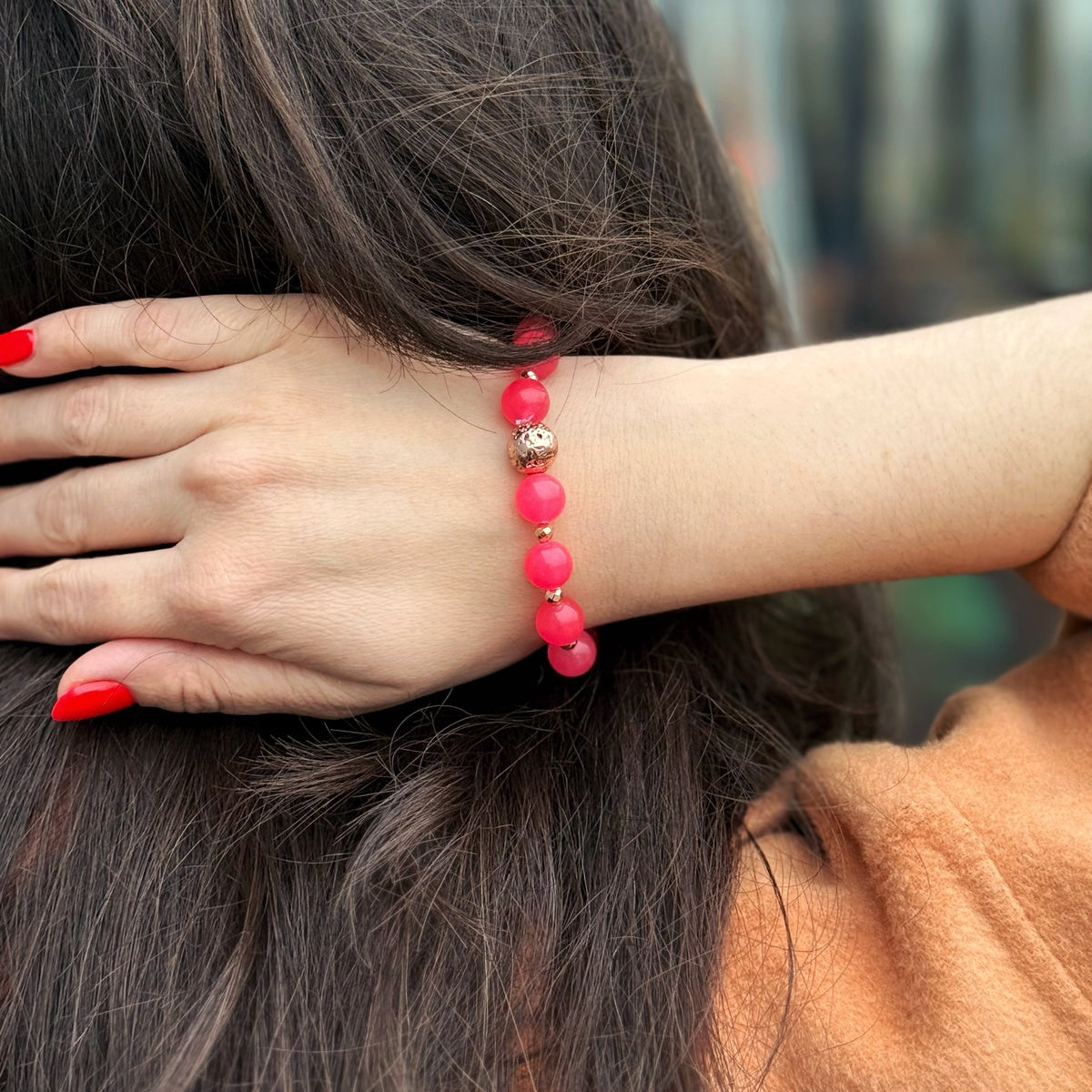 Fuchsia Pink Jade Bracelet | Rose Gold Hematite