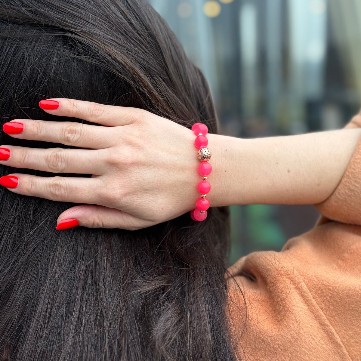 Fuchsia Pink Jade Bracelet | Rose Gold Hematite
