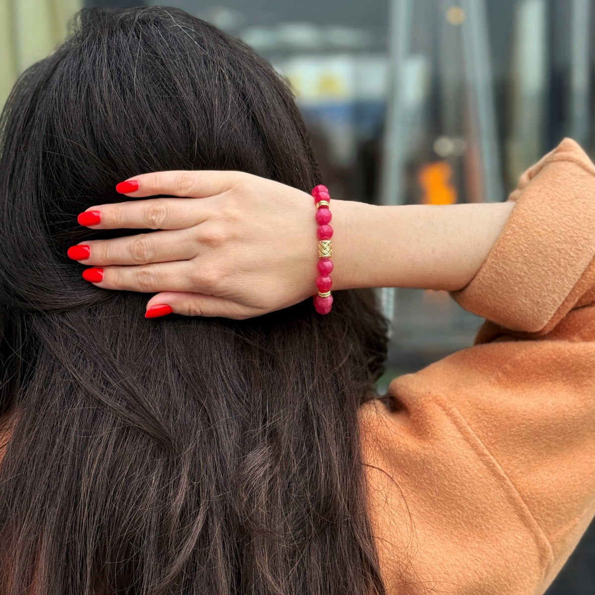 Hot Pink Jade Bracelet | 18K Gold-Plated Beaded Jewelry