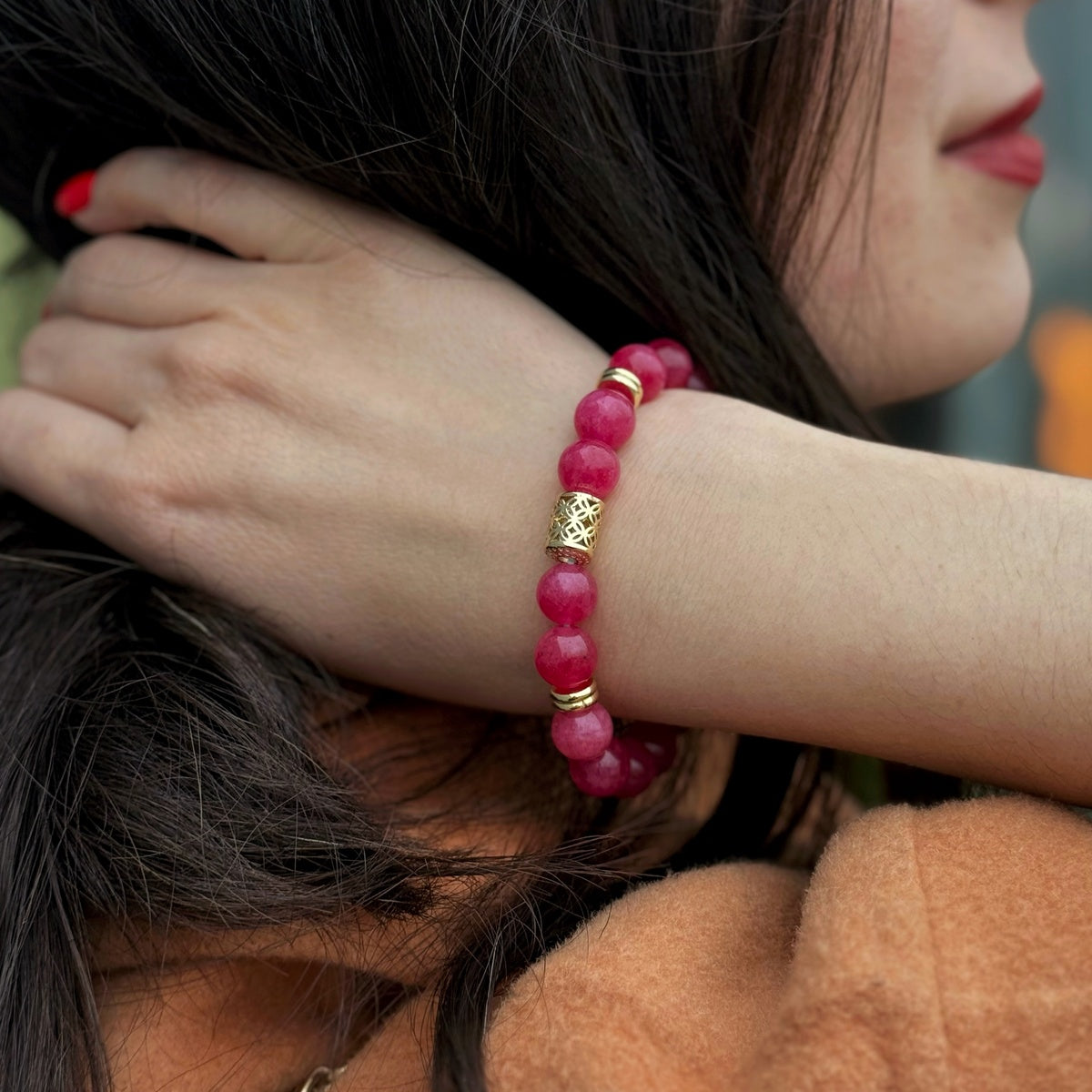 Hot Pink Jade Bracelet | 18K Gold-Plated Beaded Jewelry