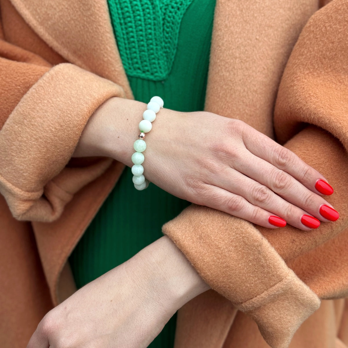 Burmese jade and White Coral bracelet with rose gold